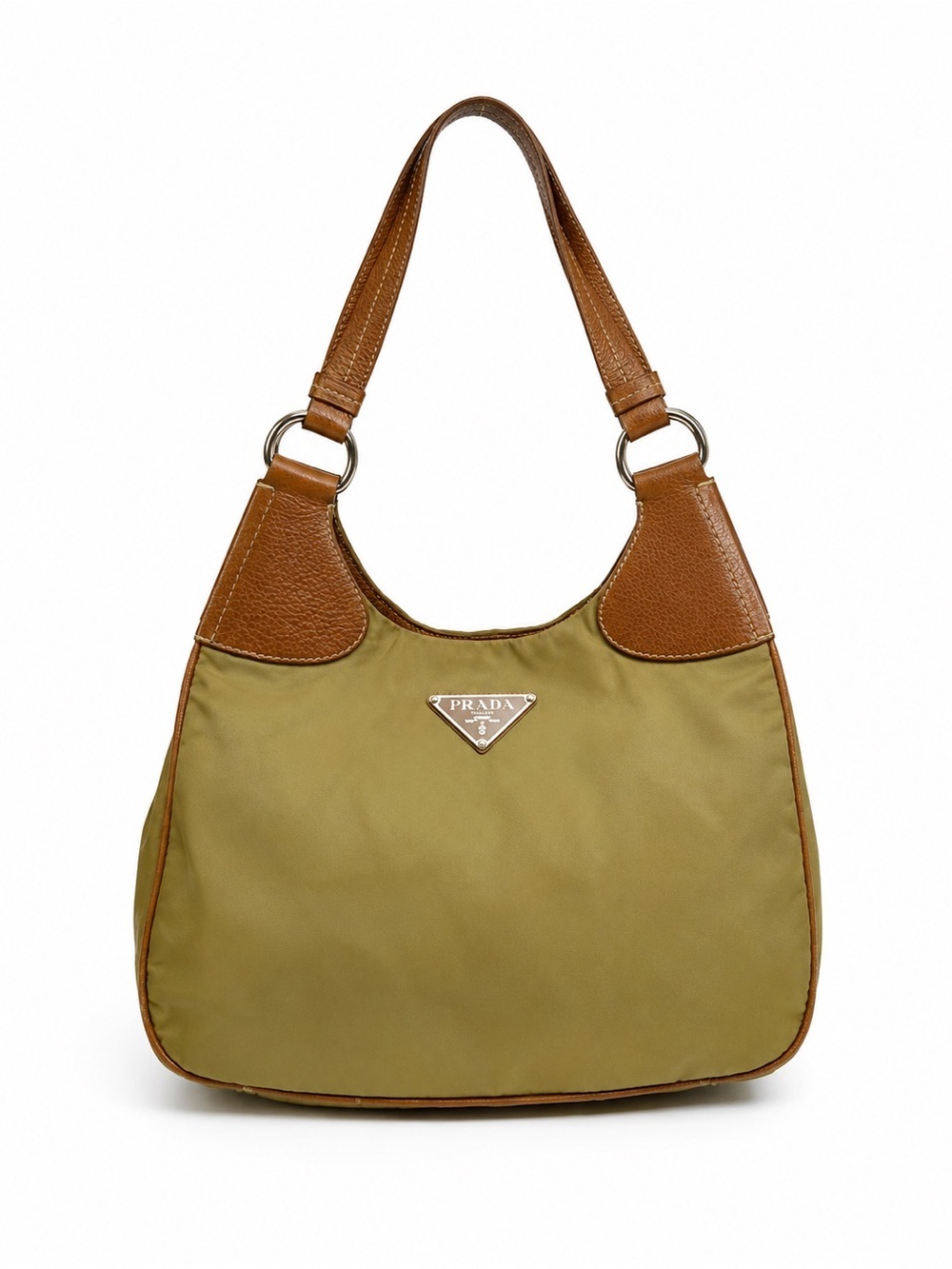 Prada Olive Nylon Shoulder Bag with Brown Leather Trim